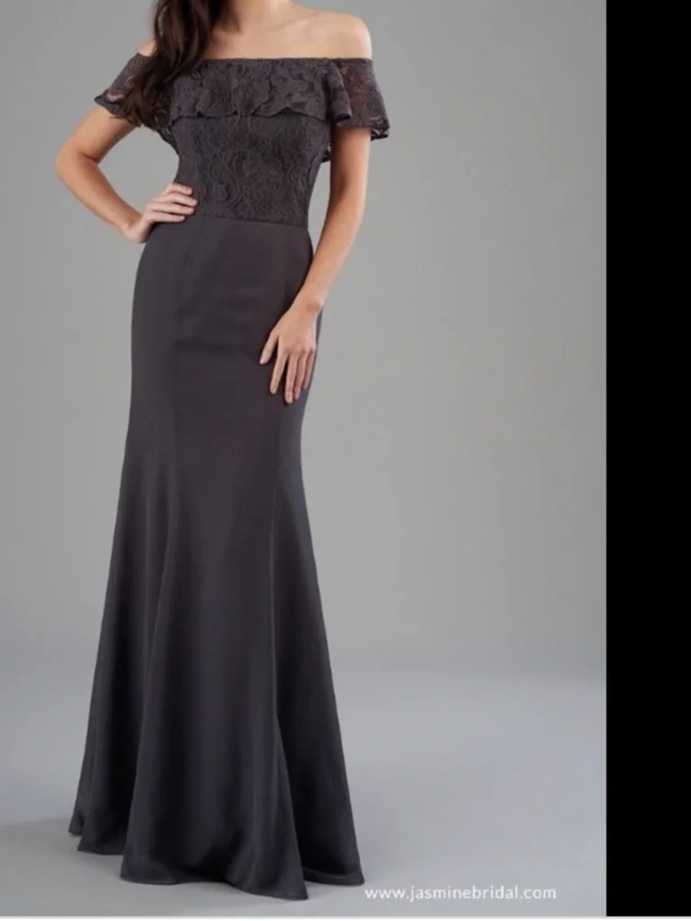 Off-Shoulder Lace Bodice Evening Gown - light gray